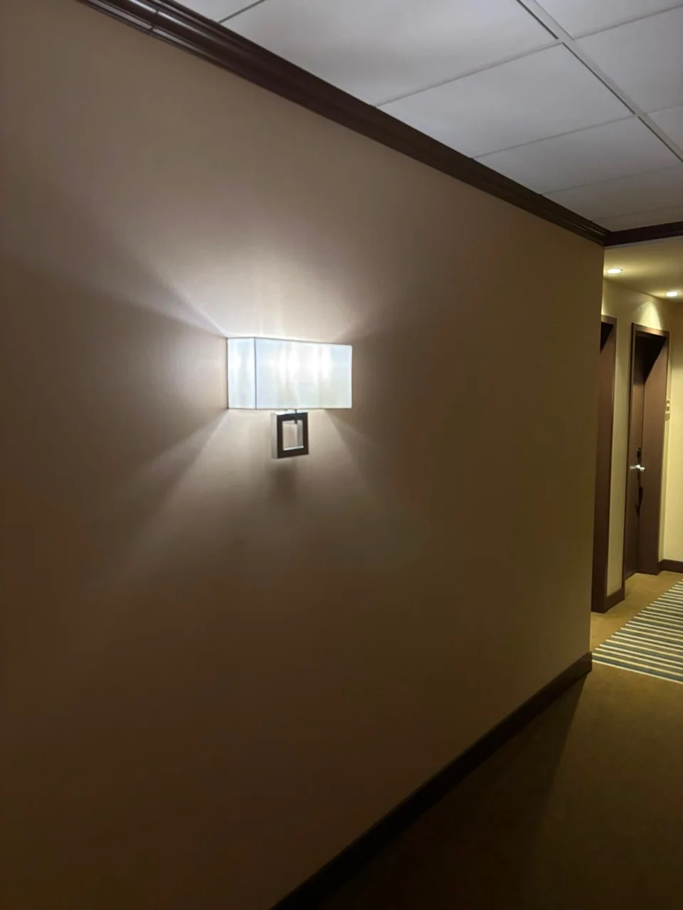 Warm-toned hallway wall with a rectangular wall light and dark upper trim